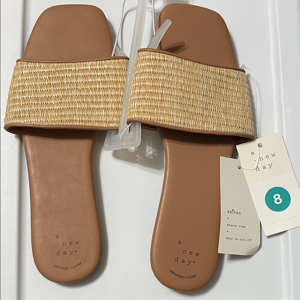Tan Slide Sandals with Natural Woven Strap Sz. 8